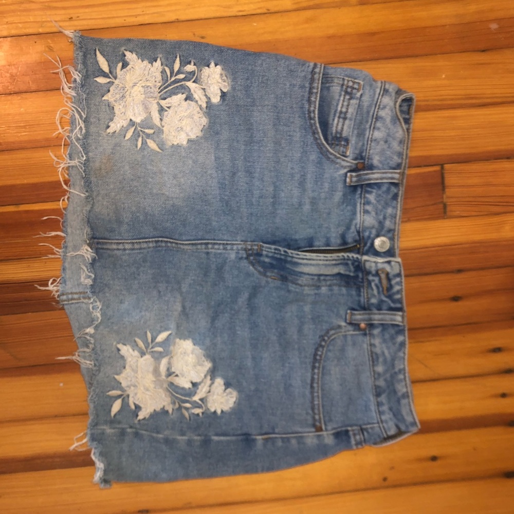 PACSUN Denim Skirt with Flower Embroidery